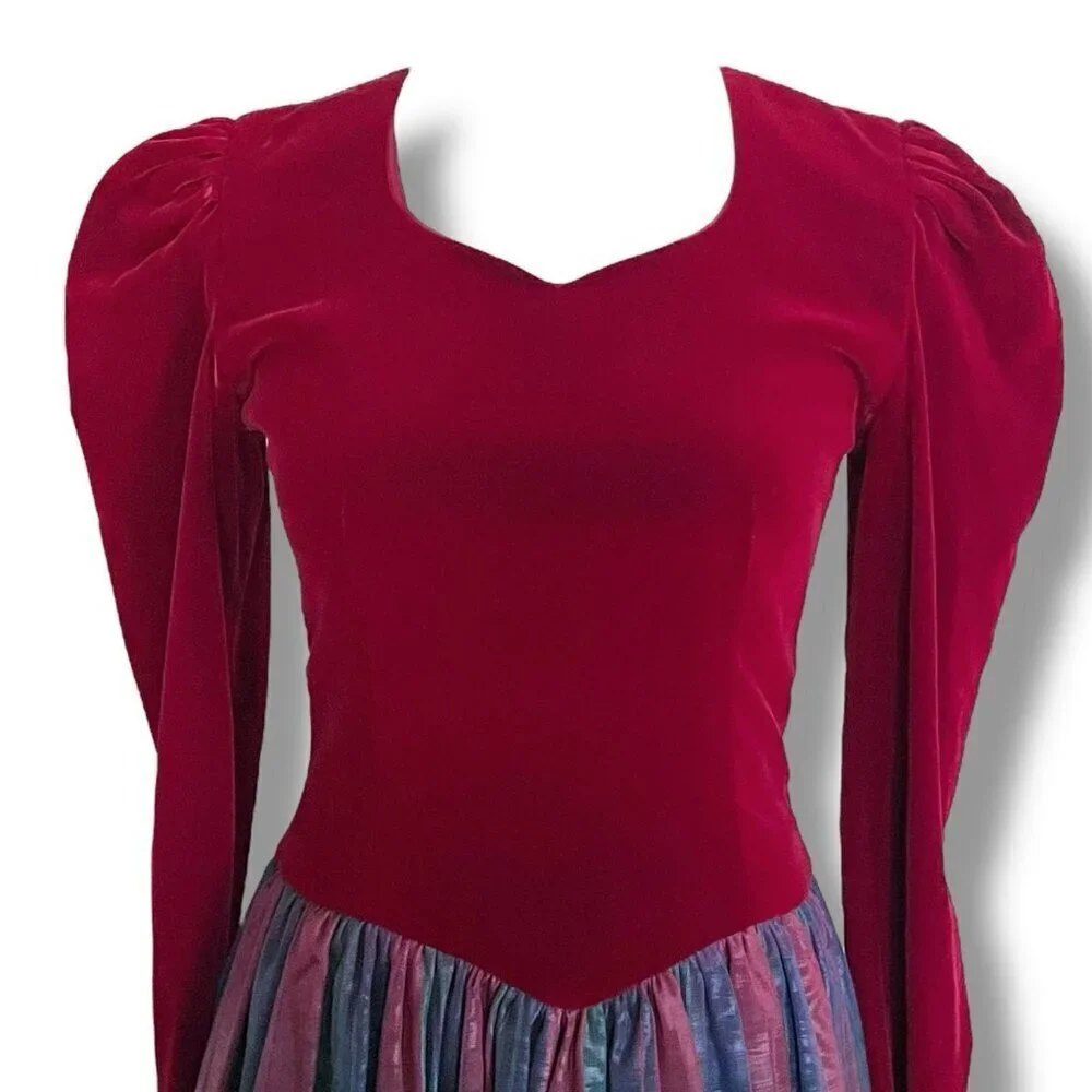 Vintage 1980s Nuit Womens Dress Sz 2 Petite Burgundy Velvet Puff Sleeve Midi - Picture 5 of 13